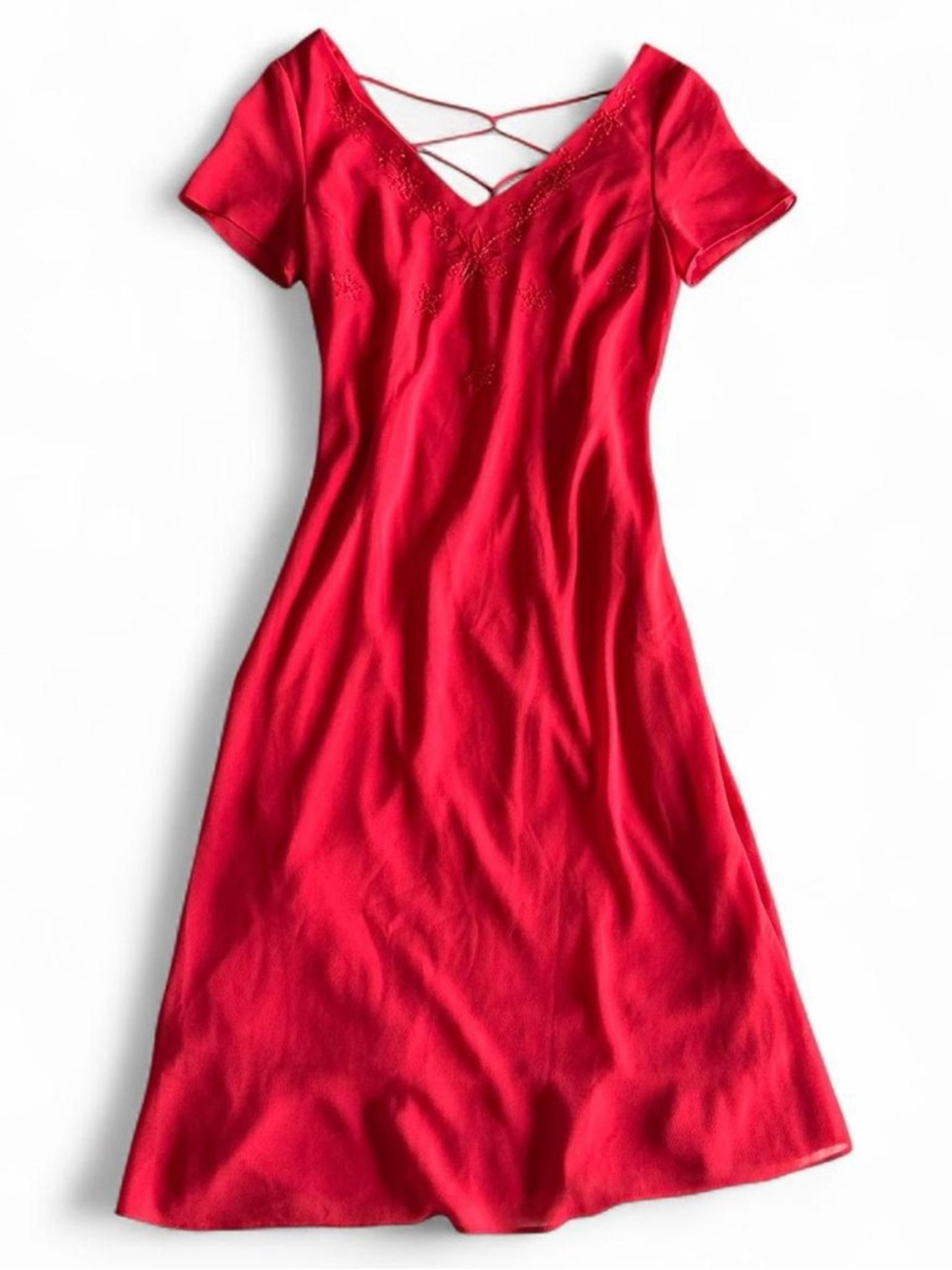 Vintage DJ Summers red floral beaded midi dress - 90s cross back dress